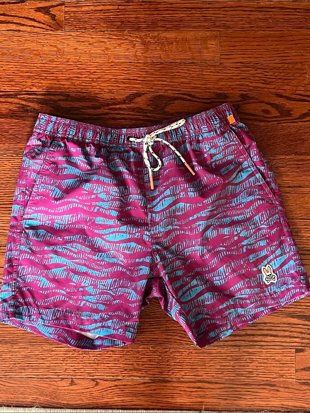 Psycho Bunny Men's Magenta & Teal Wave-Print Swim Trunks